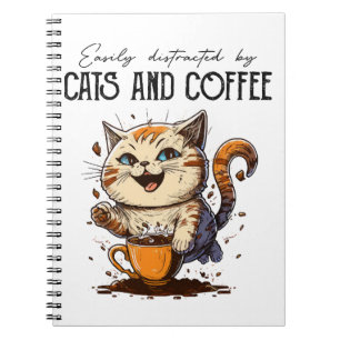 Caderno Espiral Fácil Distração Por Gatos E Café Cat Lovers Co