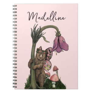 Caderno Espiral Fada Cinzenta Cinzenta Rosa Bonita com Urso Encant