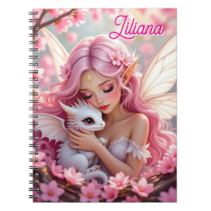 Caderno Espiral Fada Elfa Rosa Bonita & Dragão Personalizado