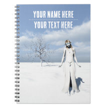 Fada feminina caminhando na neve. Texto personaliz