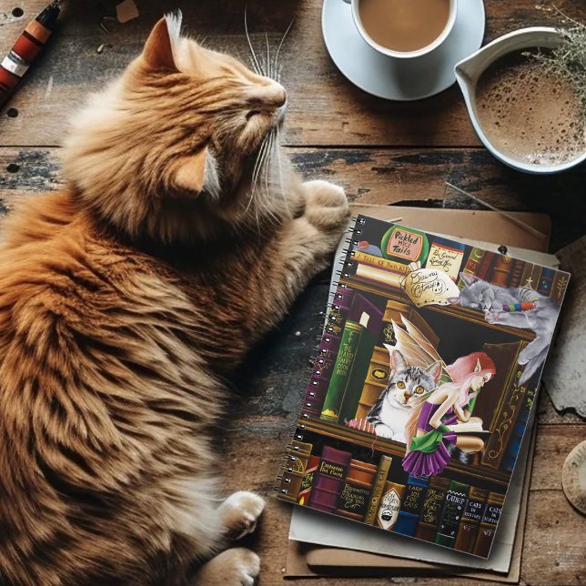 Caderno Espiral Fairy Cats Books Library Fantasy (Criador carregado)