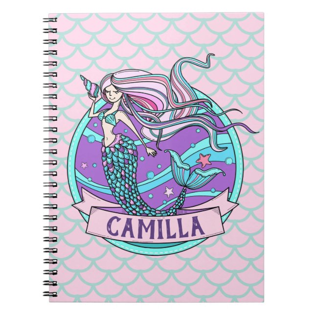 Caderno Espiral Fairyland Mermaid | Cor de rosa-branca personaliza (Frente)