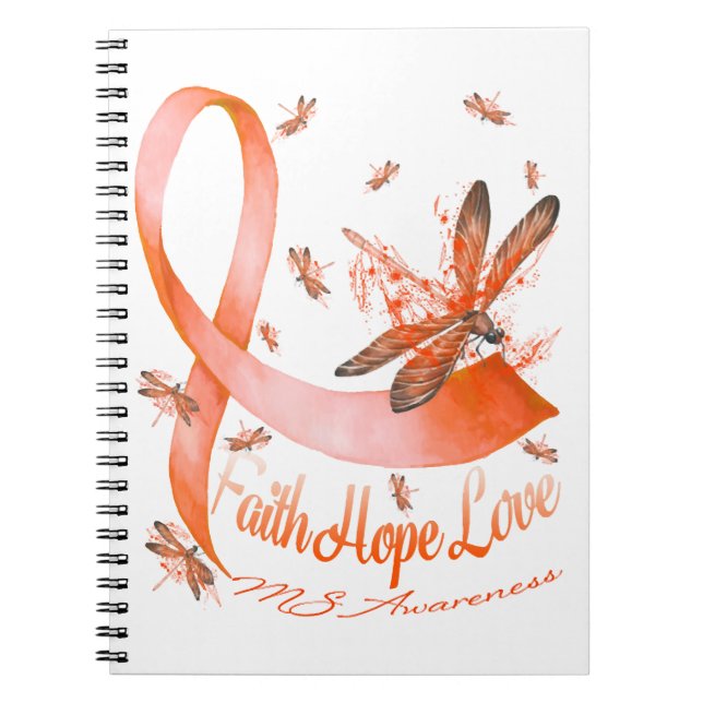 Caderno Espiral Faith Hope ama o Dragonfly da Consciência da MS (Frente)