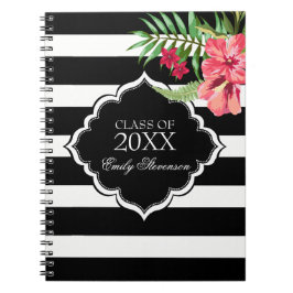 Caderno Espiral Faixas Pretas E Formatações De Hibisco Rosa