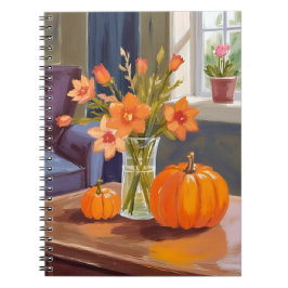 Caderno Espiral Fall Pumpkin Bouquet | Orange Flowers Autumn
