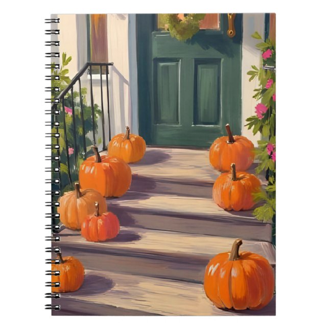 Caderno Espiral Fall Pumpkin Stoop | Autumn Thanksgiving Painted (Frente)