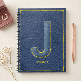 Caderno Espiral Falso Denim Amarelo Costura Monograma J Nome