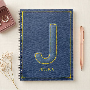 Caderno Espiral Falso Denim Amarelo Costura Monograma J Nome
