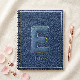 Caderno Espiral Falso Denim Azul 3D Letra E Monograma Nome