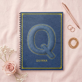 Caderno Espiral Falso Jeans Azul com Letra Q Costurada Monograma N