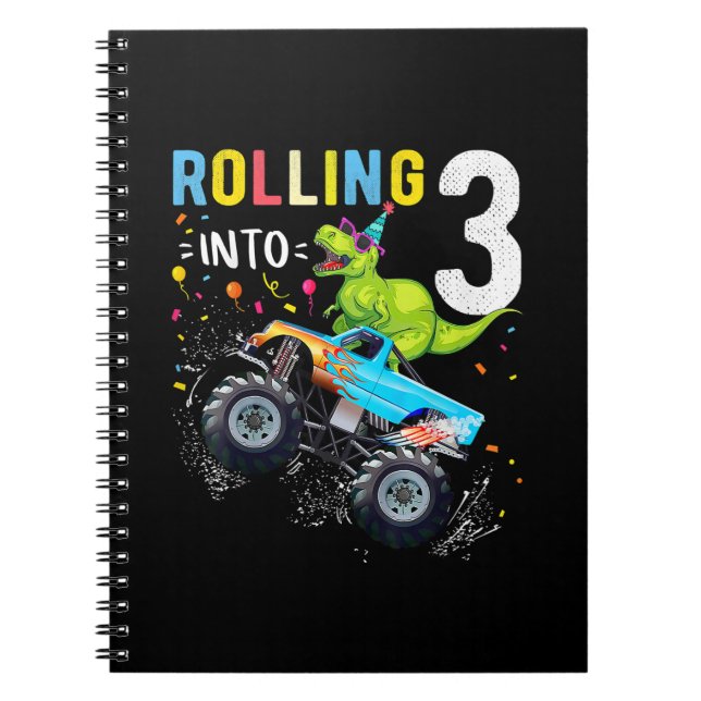 Caderno Espiral Família de Caminhões Monstros Dinossauros, 3 anos (Frente)