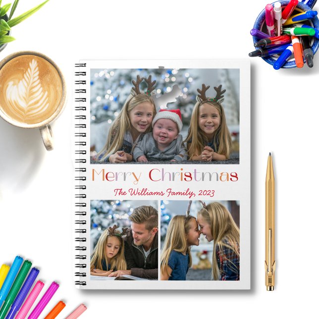 Caderno Espiral família de natal 3 fotos colagem retrato script (Criador carregado)