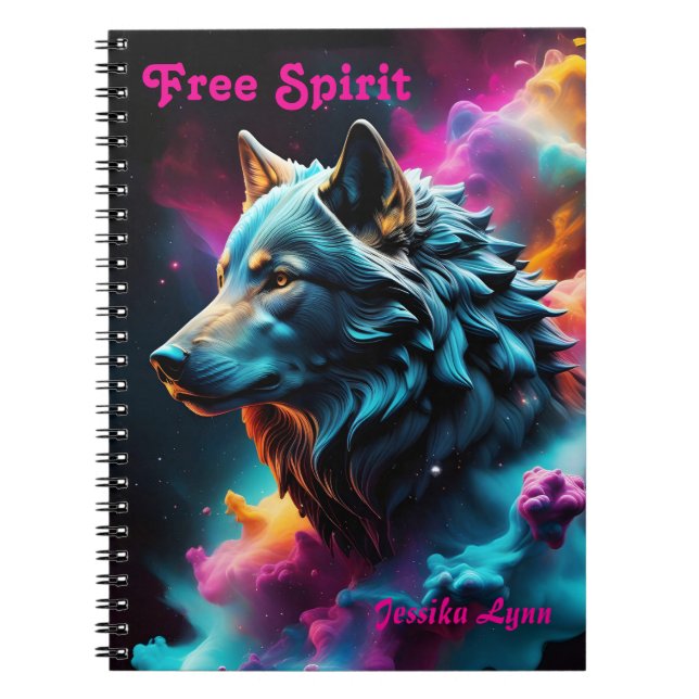 Caderno Espiral Fantasia Cósmica Fantasia Wolf Personalizada Arte  (Frente)