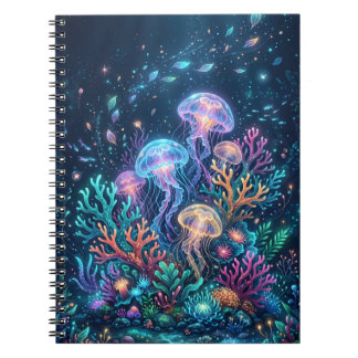 Caderno Espiral Fantasia de Água-viva Brilhante no Oceano Subaquát
