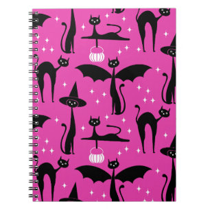 Caderno Espiral Fantasia de Halloween MCM Gatos Minimalistas Rosa