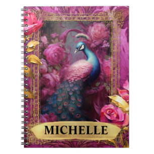 Caderno Espiral Fantasia de Pavão e Rosas Fuchsia Romântica