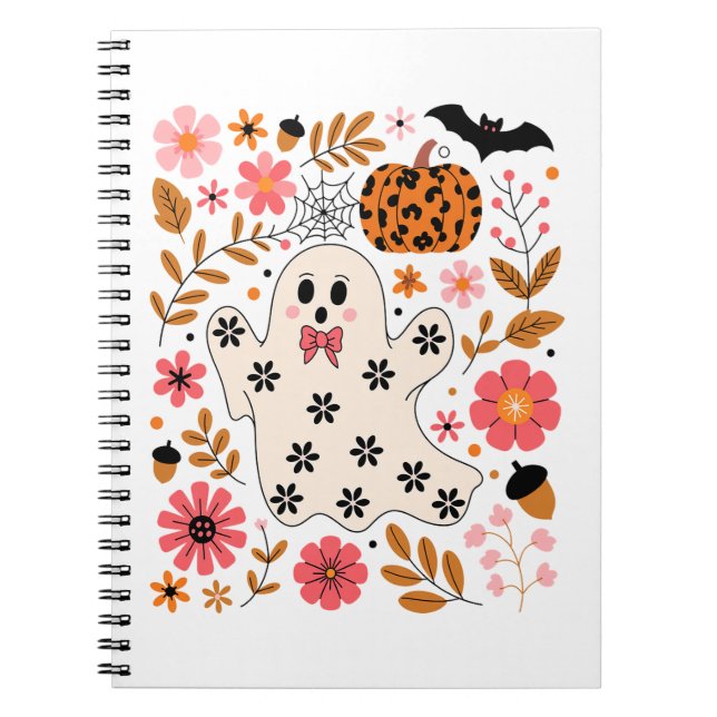 Caderno Espiral Fantasma Bonito e Abóbora Floral Spooky (Frente)