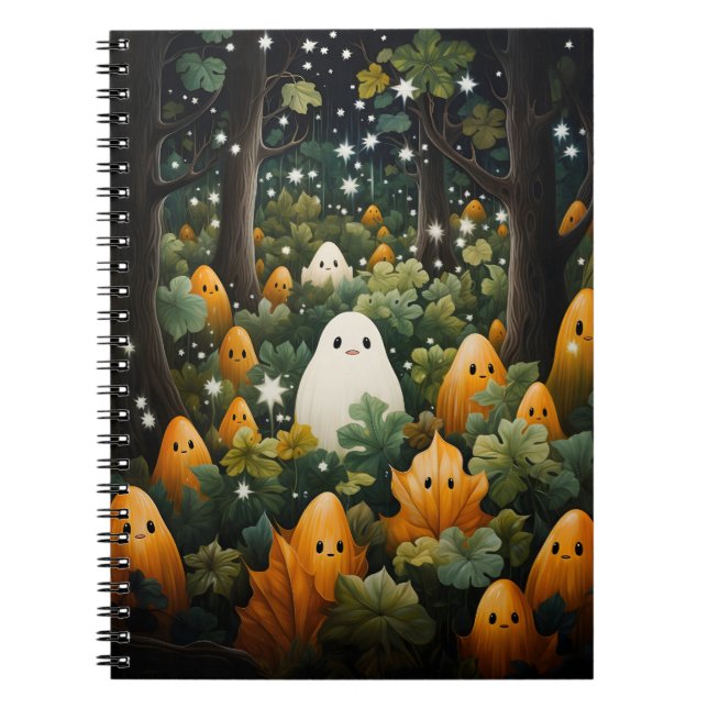 Caderno Espiral Fantasma Branco E Laranja Do Halloween Na Floresta (Frente)
