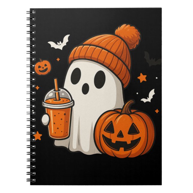 Caderno Espiral Fantasma de Halloween Fofo com Abóbora e Bebida  (Frente)