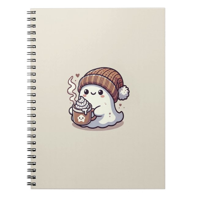 Caderno Espiral Fantasma de Halloween Fofo de Outono com Gorro e C (Frente)