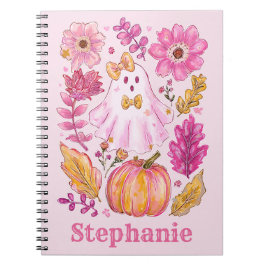 Caderno Espiral Fantasma de Halloween Rosa Pastel com Nome Persona