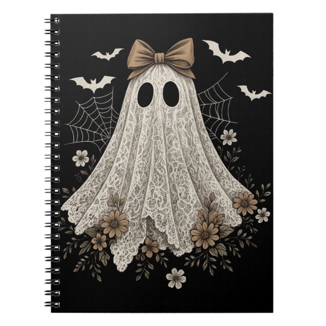 Caderno Espiral Fantasma de Renda Elegante com Laço | Fantasma Flo (Frente)