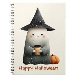Caderno Espiral Fantasma Fofo com Café no Halloween