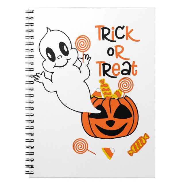 Caderno Espiral Fantasma fofo com doces de Halloween (Frente)