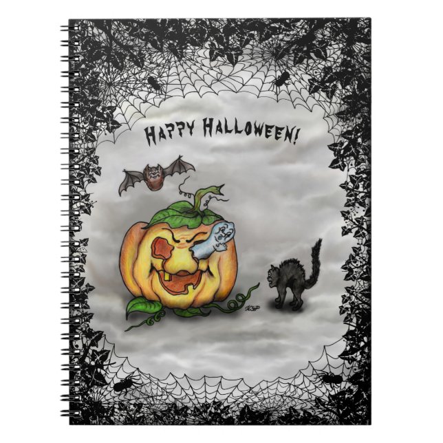 Caderno Espiral Fantasma, Gato, Bat e Pumpkin, Feliz Halloween! (Frente)