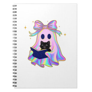 Caderno Espiral Fantasma iridescente com um livro e um gato preto 