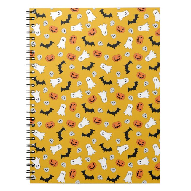 Caderno Espiral Fantasmas bonitos do Halloween, Pumpkins, Skulls,  (Frente)