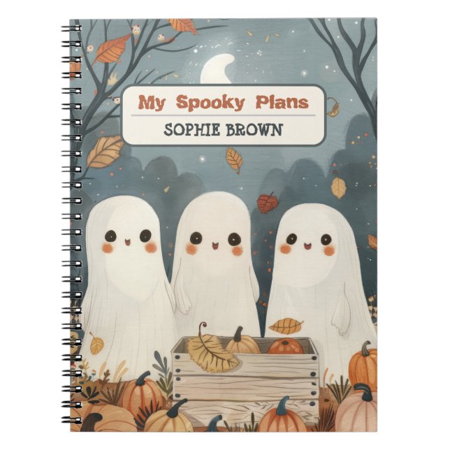 Caderno Espiral Fantasmas e Pumpkins Whimsical com Nome Halloween (Frente)