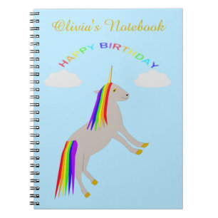 Caderno Espiral Fantasy Birthday Unicorn Rainbow and Clouds Custom