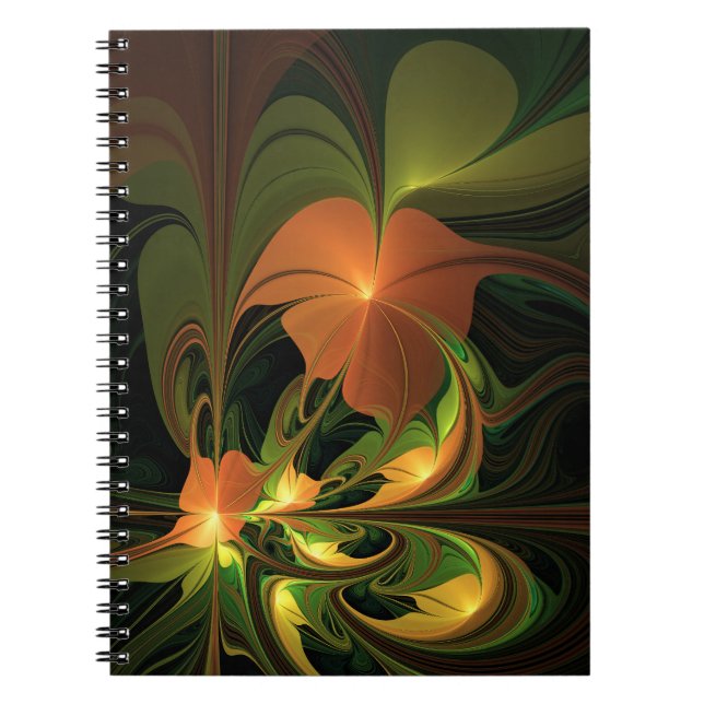 Caderno Espiral Fantasy Plant Abstrato Green Rust Brown Fractal (Frente)