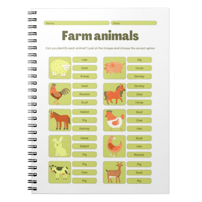 Caderno Espiral Farm Animals Identification Educational Worksheet (Frente)
