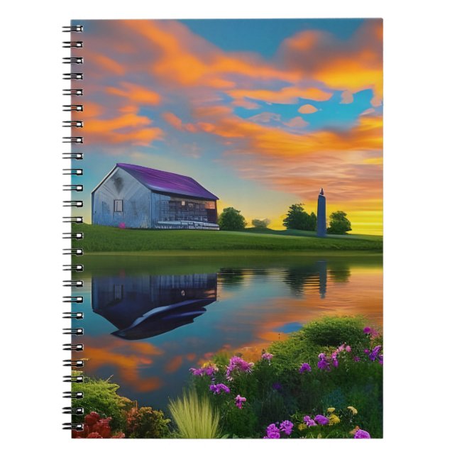 Caderno Espiral Farmhouse Purple Roof Pond em Sunrise (Frente)