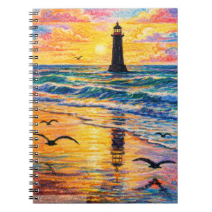 Caderno Espiral Faro Vibrante Pôr do Sol Ondas do Oceano