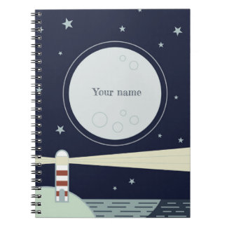 Caderno Espiral Farol minimalista com lua e estrelas