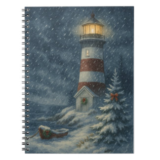 Caderno Espiral Farol no Cartão de Natal de Snowstorm