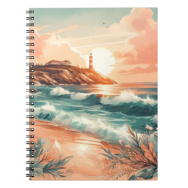 Caderno Espiral Farol Sunset Ocean Beach Boho Floral (Frente)