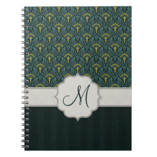 Caderno Espiral Fãs e listras do pavão da cerceta com monograma