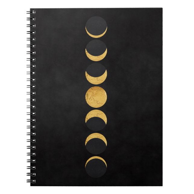 Caderno Espiral Fase Dourada da lua: fundo texturizado preto (Frente)