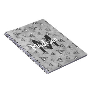 Caderno Espiral Fatia de pizza legal monograma preto branco cinza