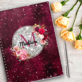 Caderno Espiral Faux Chic Silver Glitter Burgundy Monograma floral