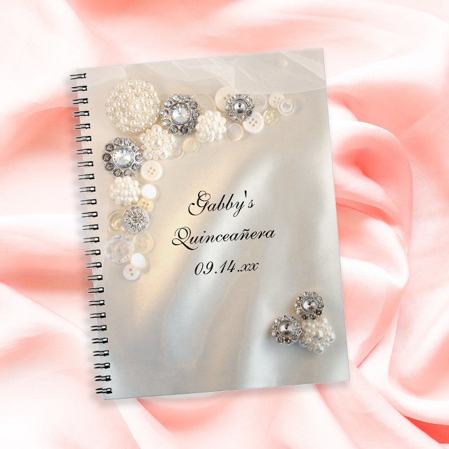 Caderno Espiral Faux White Pearl Diamond Buttons Quinceañera (Criador carregado)