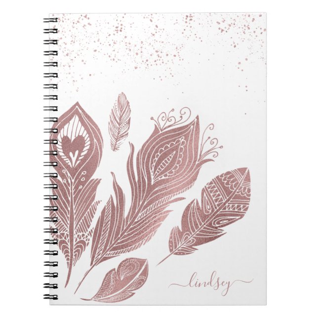 Caderno Espiral Feather Glitter Elegante Rosa Faux Personalizada (Frente)