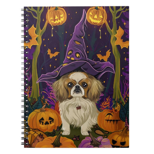 Caderno Espiral Feiticeira de Dia das Bruxas de Pekingese e Abóbor (Frente)