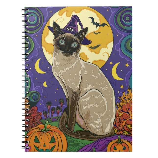 Caderno Espiral Feiticeira de Halloween e Abóbora Sagrada e Siames (Frente)
