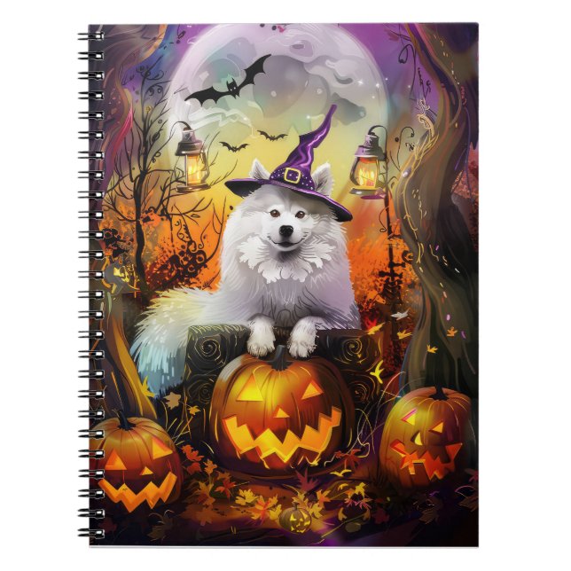 Caderno Espiral Feiticeira de Halloween e Abóbora Samoyed Samoyed (Frente)