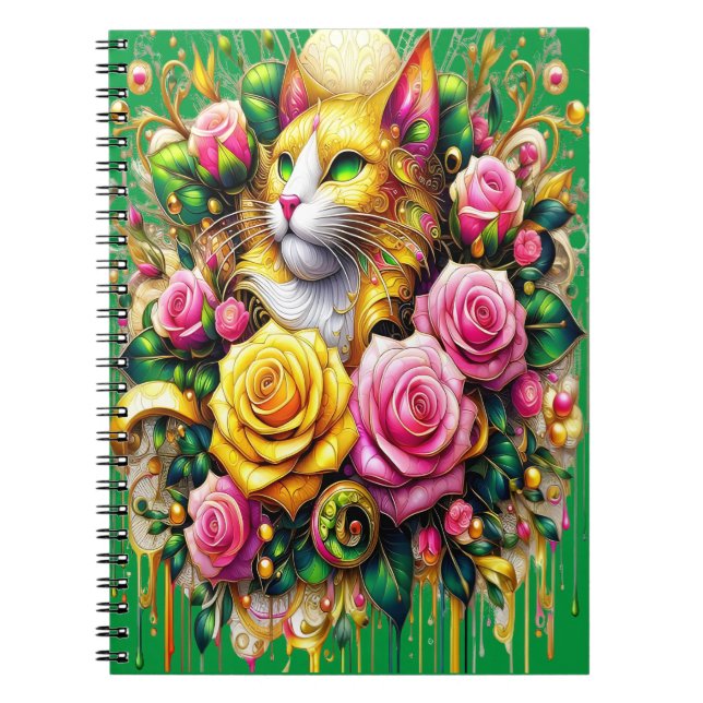 Caderno Espiral Feline em meio a um Blogue Floral Vibrante (Frente)